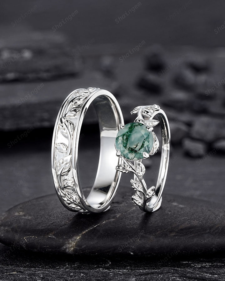 His and Hers Moss Agate Engagement Wedding Band, 14K White Gold Leaf Couple Wedding Ring, Silver Promise Ring Set , Plain Men's Band - ShainJewelry
