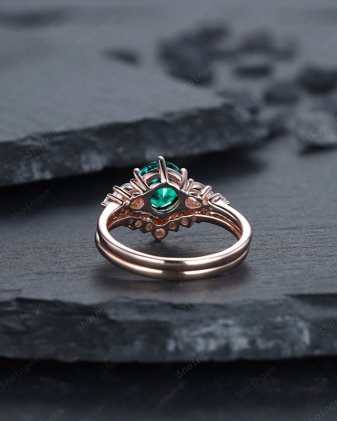 Vintage Round Shape Emerald Engagement Ring Set, 14K Rose Gold May Birthstone Wedding Promise Ring, Emerald Bridal Set Anniversary Gift - ShainJewelry