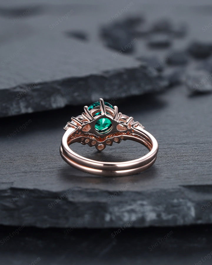 Vintage Round Shape Emerald Engagement Ring Set, 14K Rose Gold May Birthstone Wedding Promise Ring, Emerald Bridal Set Anniversary Gift - ShainJewelry