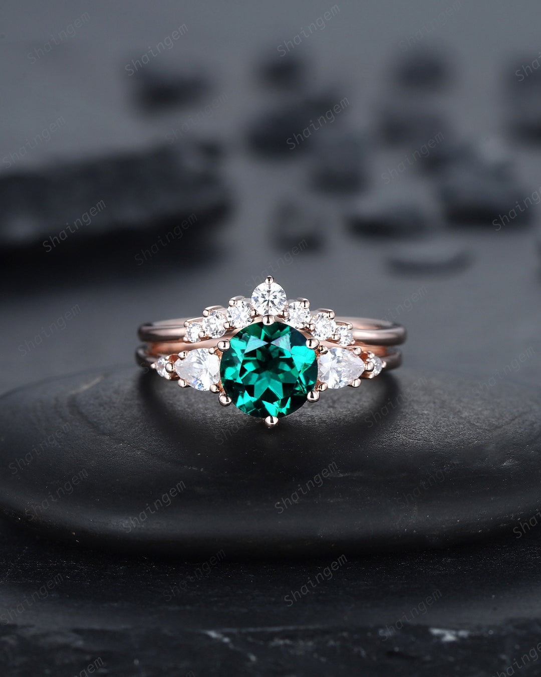 Vintage Round Shape Emerald Engagement Ring Set, 14K Rose Gold May Birthstone Wedding Promise Ring, Emerald Bridal Set Anniversary Gift - ShainJewelry