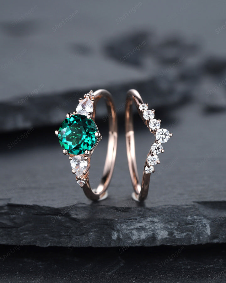 Vintage Round Shape Emerald Engagement Ring Set, 14K Rose Gold May Birthstone Wedding Promise Ring, Emerald Bridal Set Anniversary Gift - ShainJewelry
