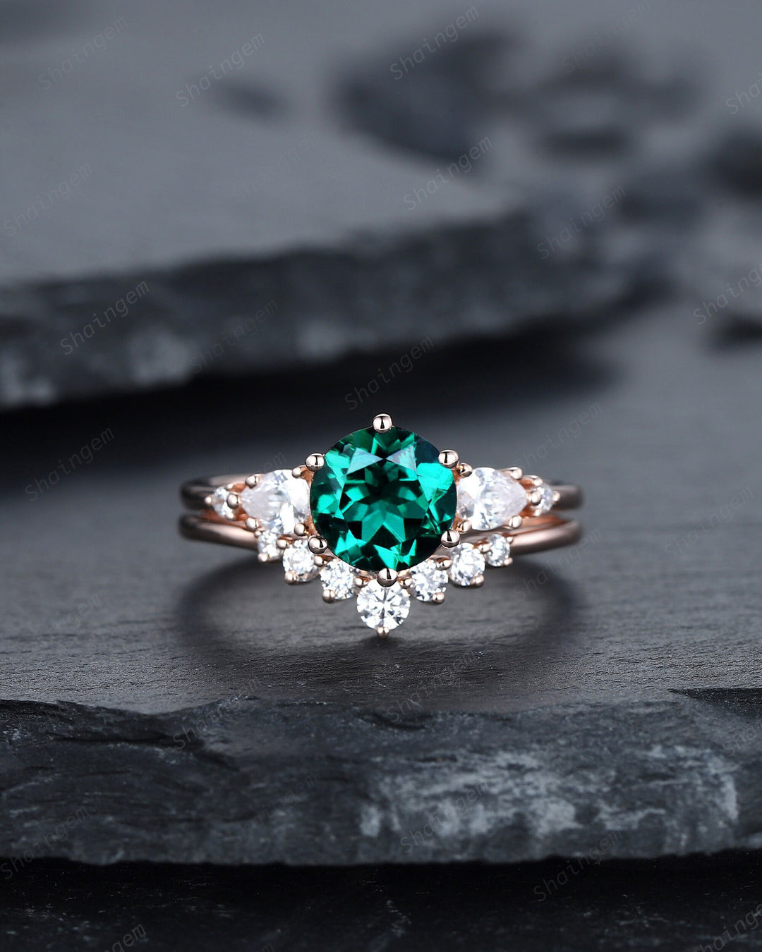 Vintage Round Shape Emerald Engagement Ring Set, 14K Rose Gold May Birthstone Wedding Promise Ring, Emerald Bridal Set Anniversary Gift - ShainJewelry