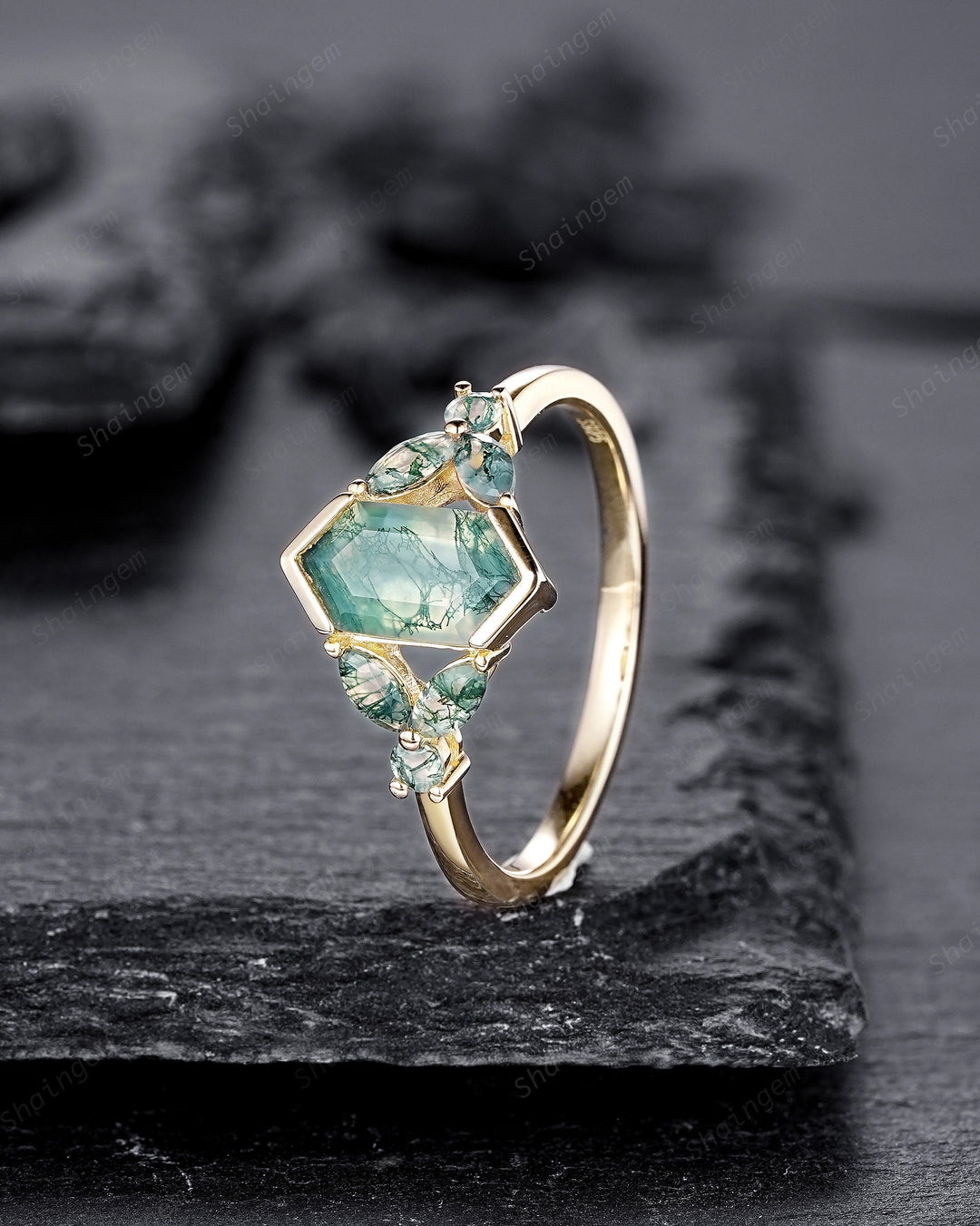 Vintage Hexagon Cut Cluster Moss Agate Engagement Ring, Silver Moss Agate Promise Ring, 14K Rose Gold Wedding Ring Anniversary Gift for her - ShainJewelry