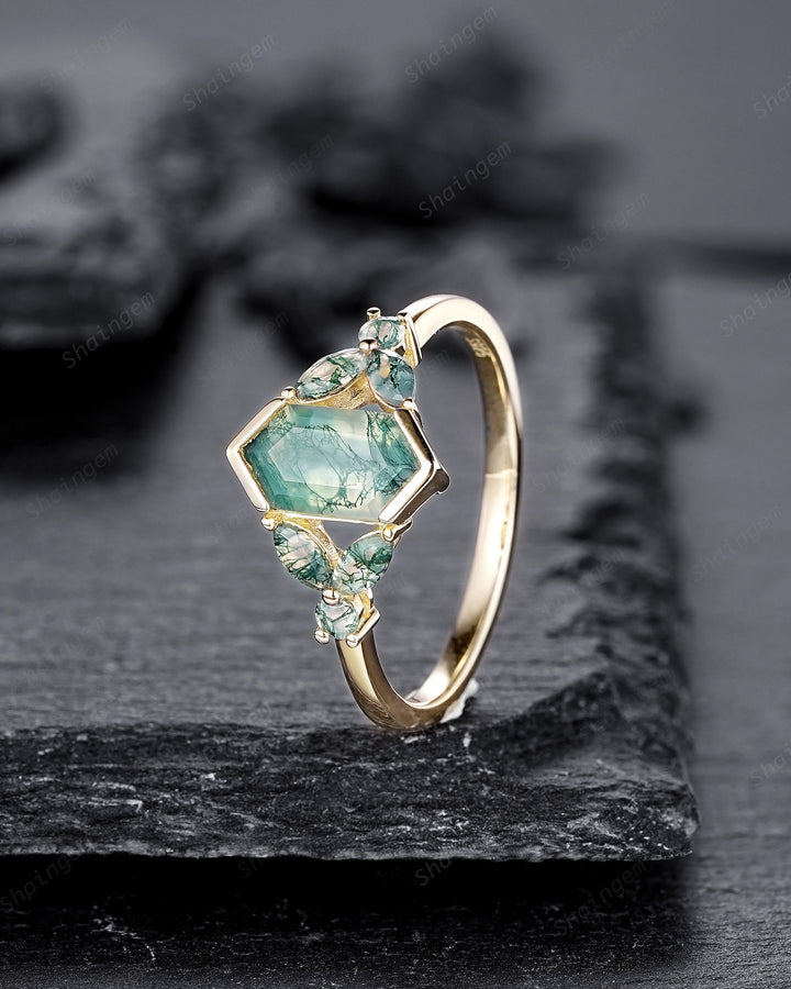 Vintage Hexagon Cut Cluster Moss Agate Engagement Ring, Silver Moss Agate Promise Ring, 14K Rose Gold Wedding Ring Anniversary Gift for her - ShainJewelry