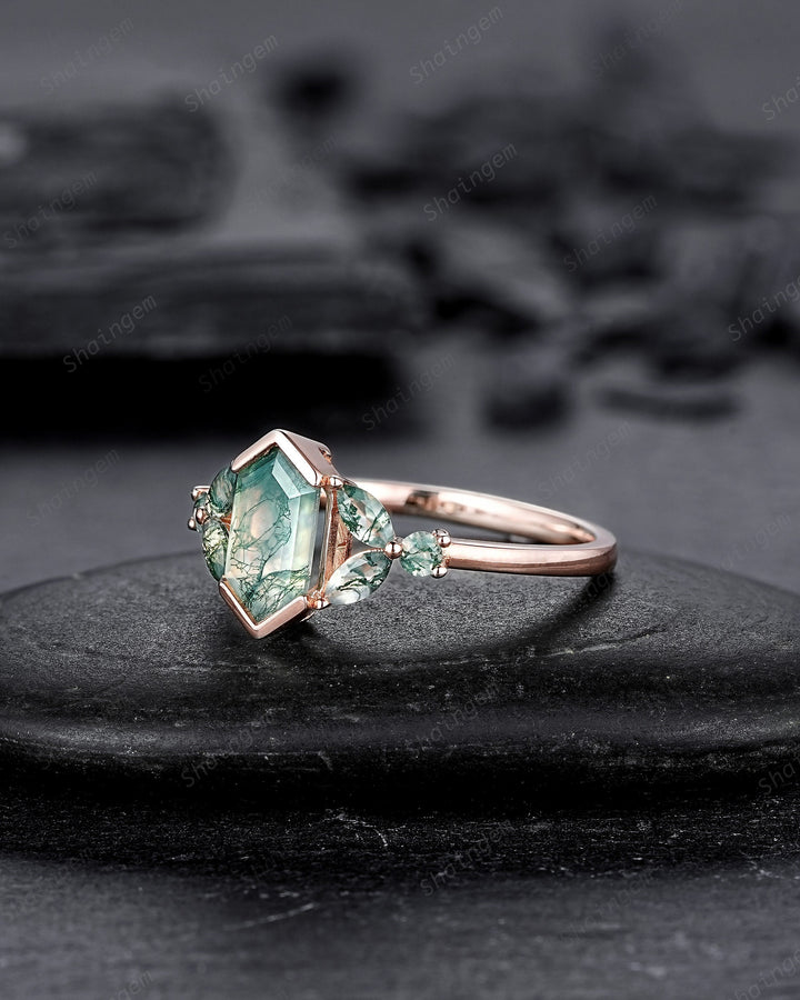 Vintage Hexagon Cut Cluster Moss Agate Engagement Ring, Silver Moss Agate Promise Ring, 14K Rose Gold Wedding Ring Anniversary Gift for her - ShainJewelry