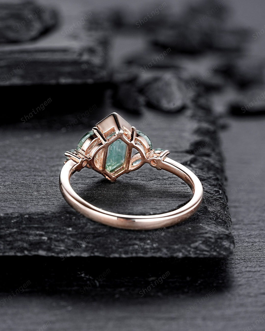 Vintage Hexagon Cut Cluster Moss Agate Engagement Ring, Silver Moss Agate Promise Ring, 14K Rose Gold Wedding Ring Anniversary Gift for her - ShainJewelry