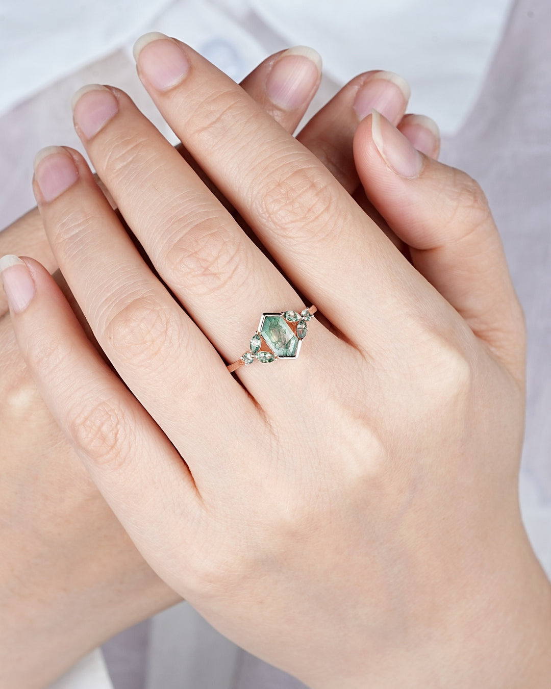 Vintage Hexagon Cut Cluster Moss Agate Engagement Ring, Silver Moss Agate Promise Ring, 14K Rose Gold Wedding Ring Anniversary Gift for her - ShainJewelry