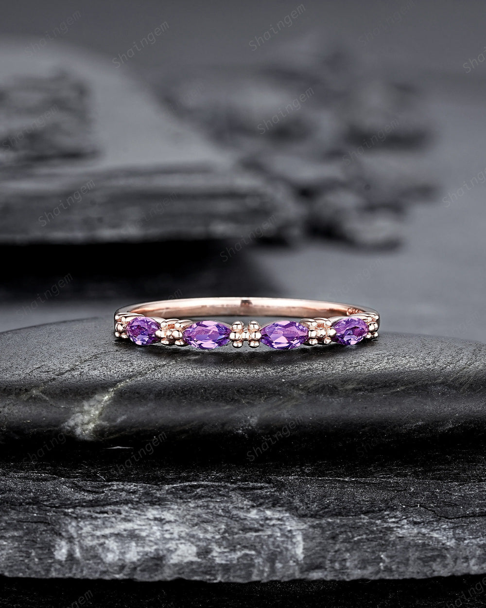 Vintage Marquise Amethyst Wedding Band, Half Eternity Engagement Ring, Four Stone Matching Band, February Birthstone Promise Ring Gift - ShainJewelry