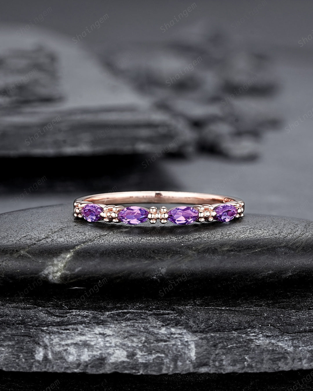 Vintage Marquise Amethyst Wedding Band, Half Eternity Engagement Ring, Four Stone Matching Band, February Birthstone Promise Ring Gift - ShainJewelry