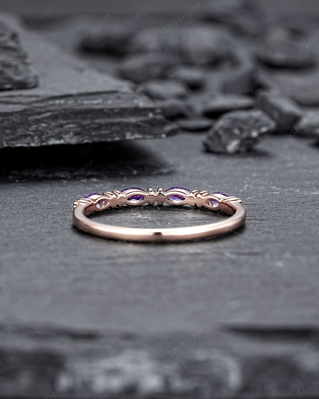 Vintage Marquise Amethyst Wedding Band, Half Eternity Engagement Ring, Four Stone Matching Band, February Birthstone Promise Ring Gift - ShainJewelry