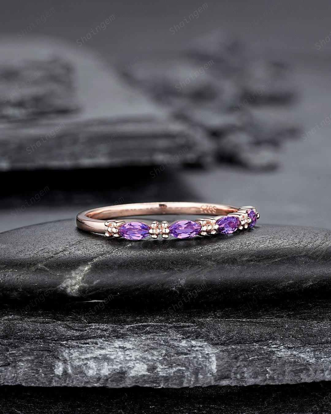 Vintage Marquise Amethyst Wedding Band, Half Eternity Engagement Ring, Four Stone Matching Band, February Birthstone Promise Ring Gift - ShainJewelry