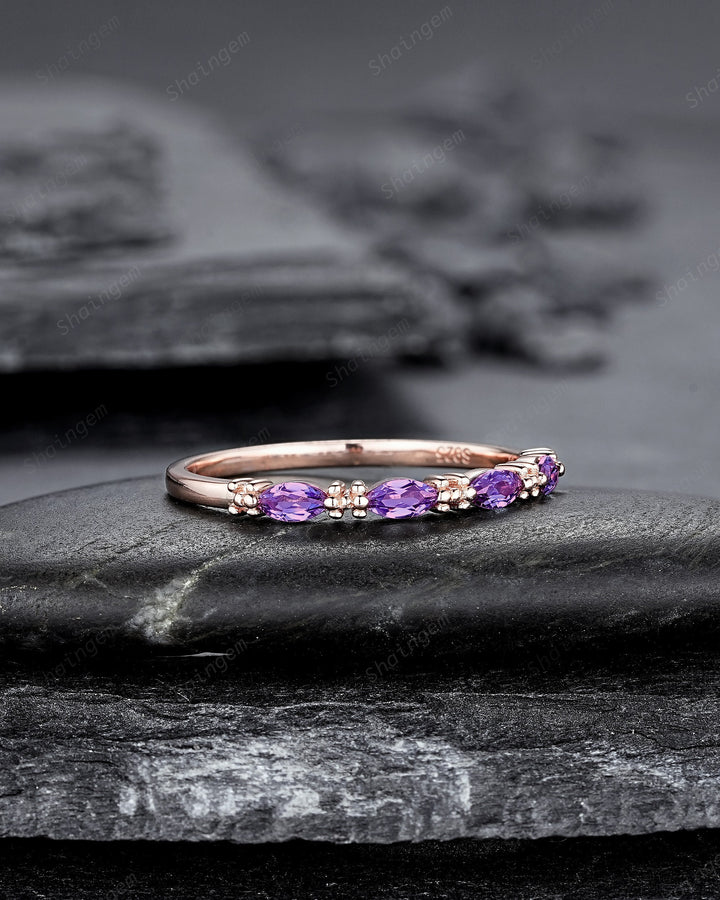 Vintage Marquise Amethyst Wedding Band, Half Eternity Engagement Ring, Four Stone Matching Band, February Birthstone Promise Ring Gift - ShainJewelry