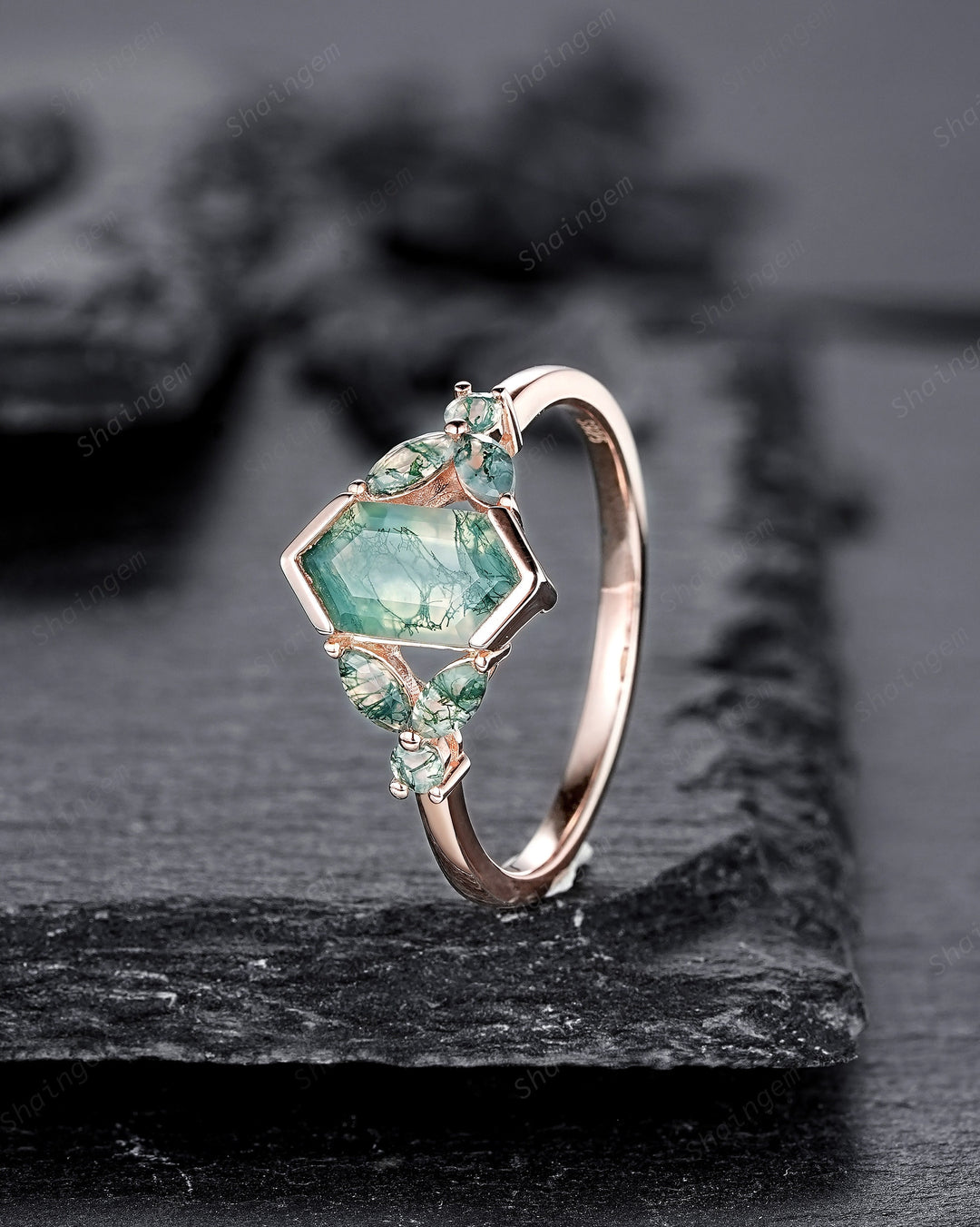 Vintage Hexagon Cut Cluster Moss Agate Engagement Ring, Silver Moss Agate Promise Ring, 14K Rose Gold Wedding Ring Anniversary Gift for her - ShainJewelry