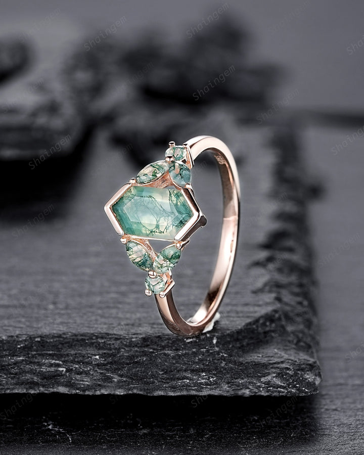 Vintage Hexagon Cut Cluster Moss Agate Engagement Ring, Silver Moss Agate Promise Ring, 14K Rose Gold Wedding Ring Anniversary Gift for her - ShainJewelry