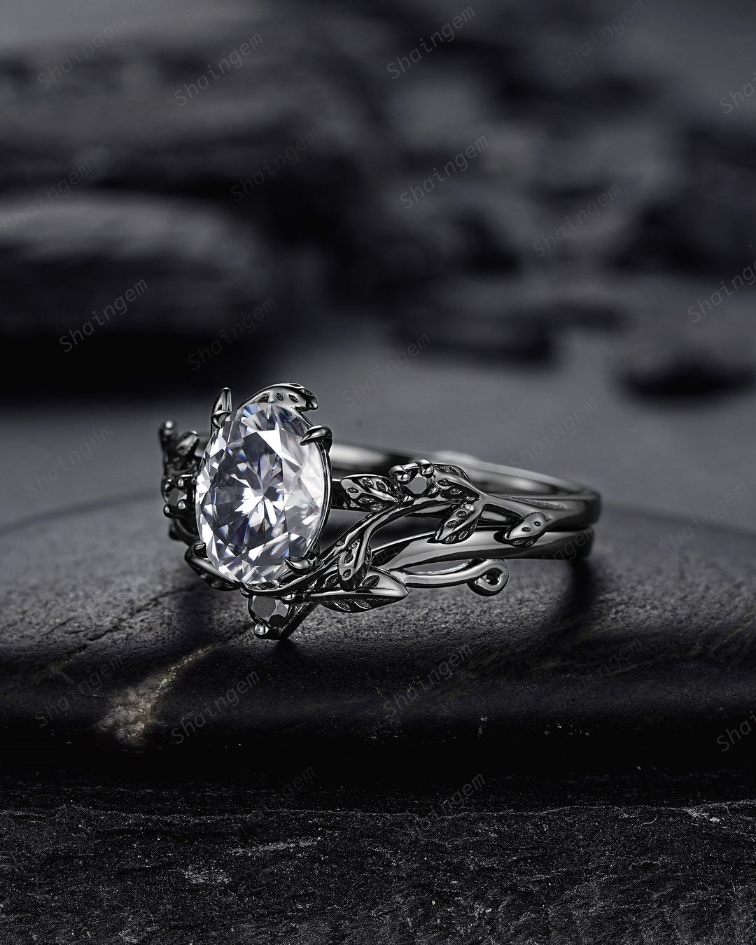 Gothic Black Oval Gray Moissanite Leaf Engagement Ring Set, Black Gold Twig Promise Ring , Rhodium Black Dark Vine Wedding Ring Bridal Set - ShainJewelry