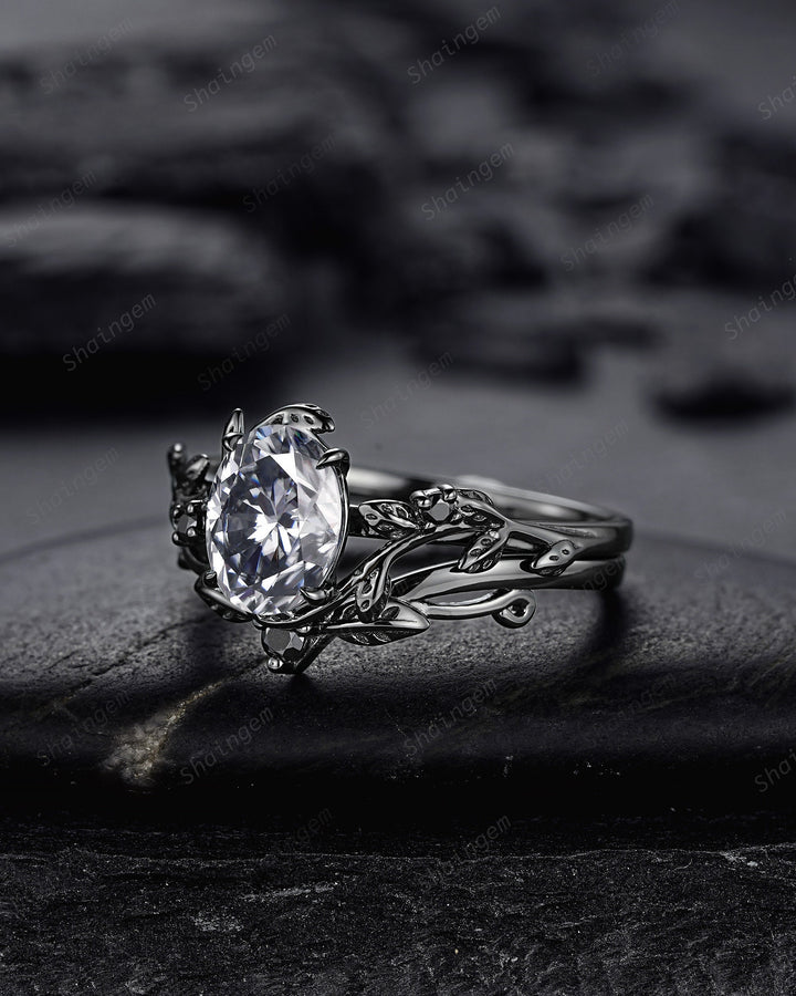 Gothic Black Oval Gray Moissanite Leaf Engagement Ring Set, Black Gold Twig Promise Ring , Rhodium Black Dark Vine Wedding Ring Bridal Set - ShainJewelry