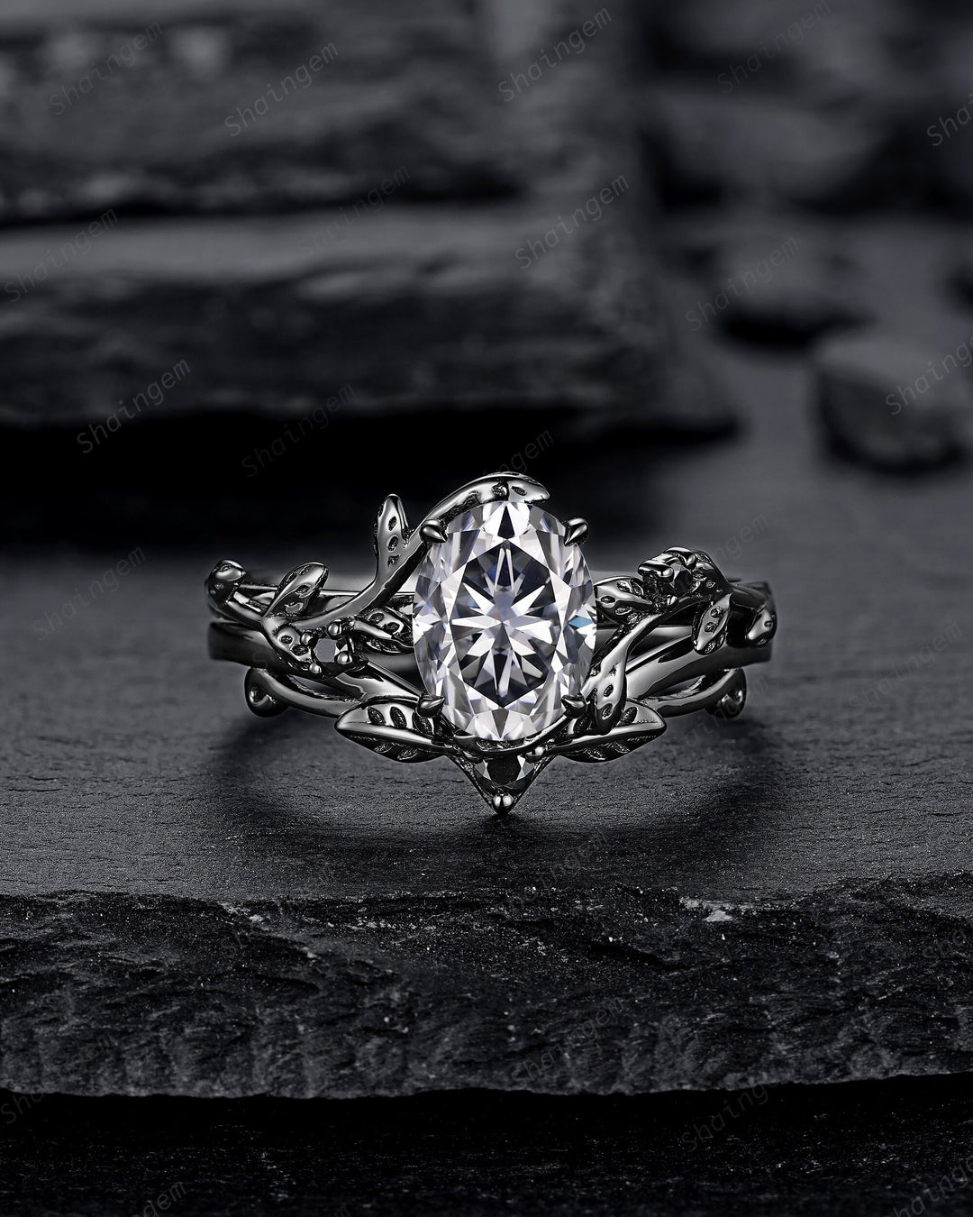 Gothic Black Oval Gray Moissanite Leaf Engagement Ring Set, Black Gold Twig Promise Ring , Rhodium Black Dark Vine Wedding Ring Bridal Set - ShainJewelry