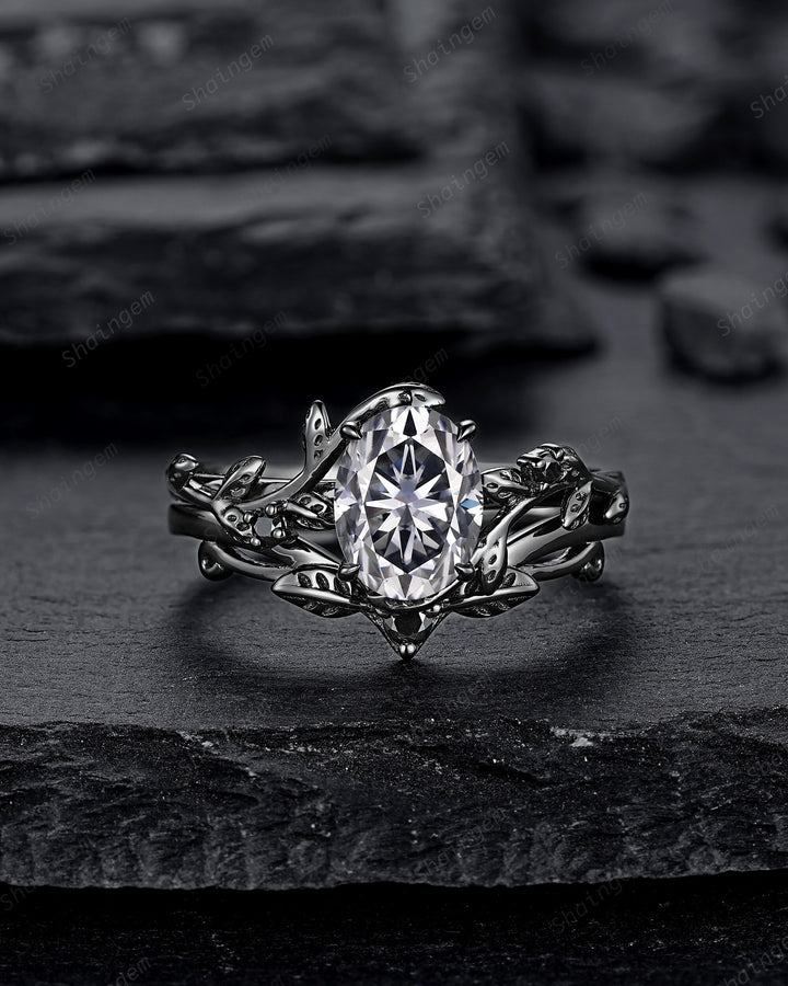 Gothic Black Oval Gray Moissanite Leaf Engagement Ring Set, Black Gold Twig Promise Ring , Rhodium Black Dark Vine Wedding Ring Bridal Set - ShainJewelry