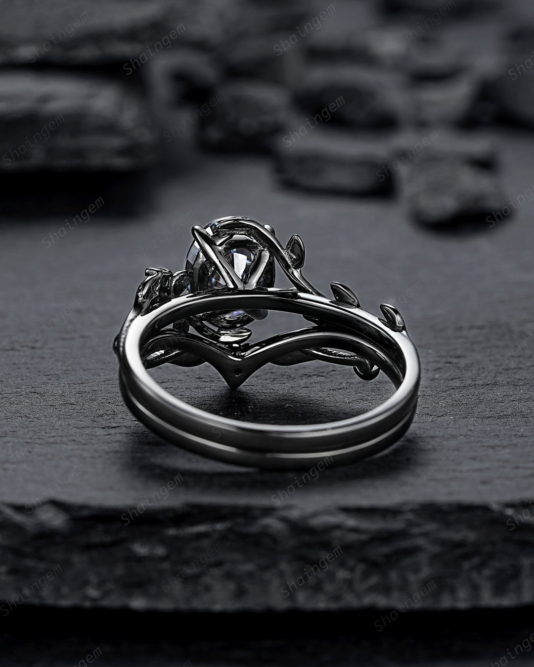 Gothic Black Oval Gray Moissanite Leaf Engagement Ring Set, Black Gold Twig Promise Ring , Rhodium Black Dark Vine Wedding Ring Bridal Set - ShainJewelry