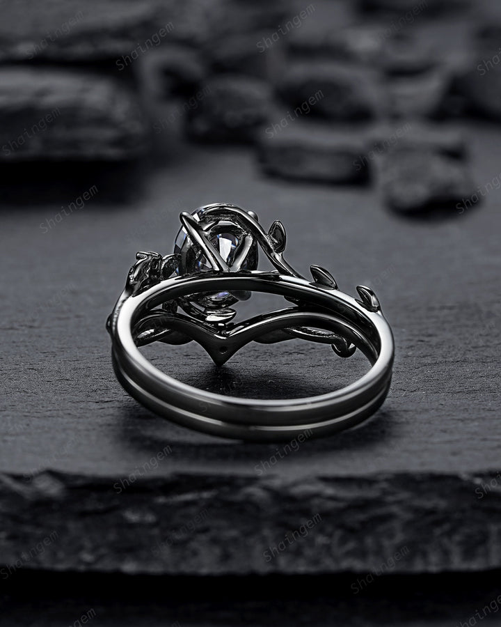 Gothic Black Oval Gray Moissanite Leaf Engagement Ring Set, Black Gold Twig Promise Ring , Rhodium Black Dark Vine Wedding Ring Bridal Set - ShainJewelry