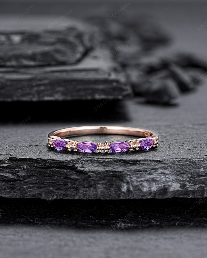 Vintage Marquise Amethyst Wedding Band, Half Eternity Engagement Ring, Four Stone Matching Band, February Birthstone Promise Ring Gift - ShainJewelry