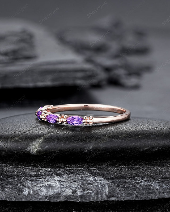 Vintage Marquise Amethyst Wedding Band, Half Eternity Engagement Ring, Four Stone Matching Band, February Birthstone Promise Ring Gift - ShainJewelry