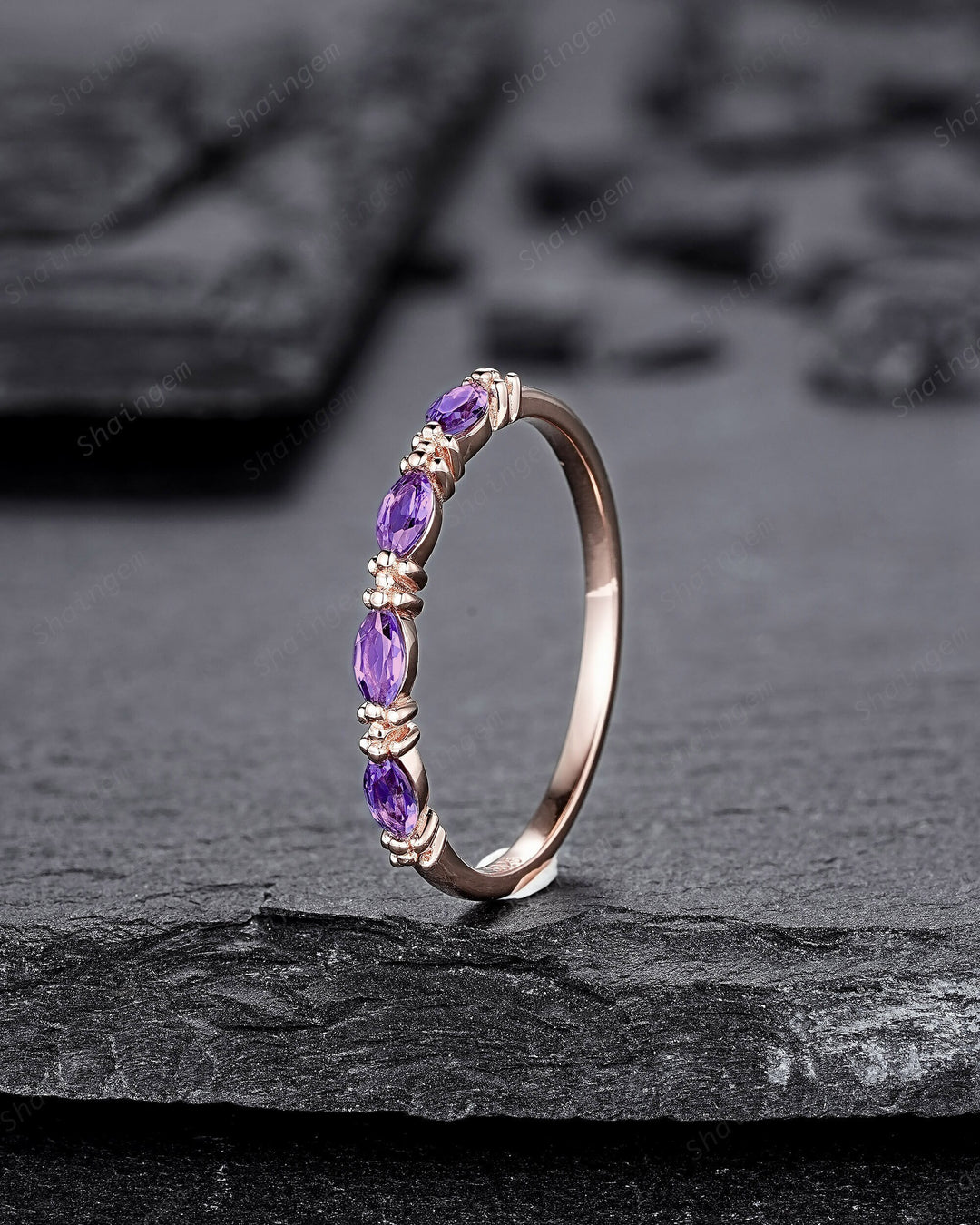 Vintage Marquise Amethyst Wedding Band, Half Eternity Engagement Ring, Four Stone Matching Band, February Birthstone Promise Ring Gift - ShainJewelry