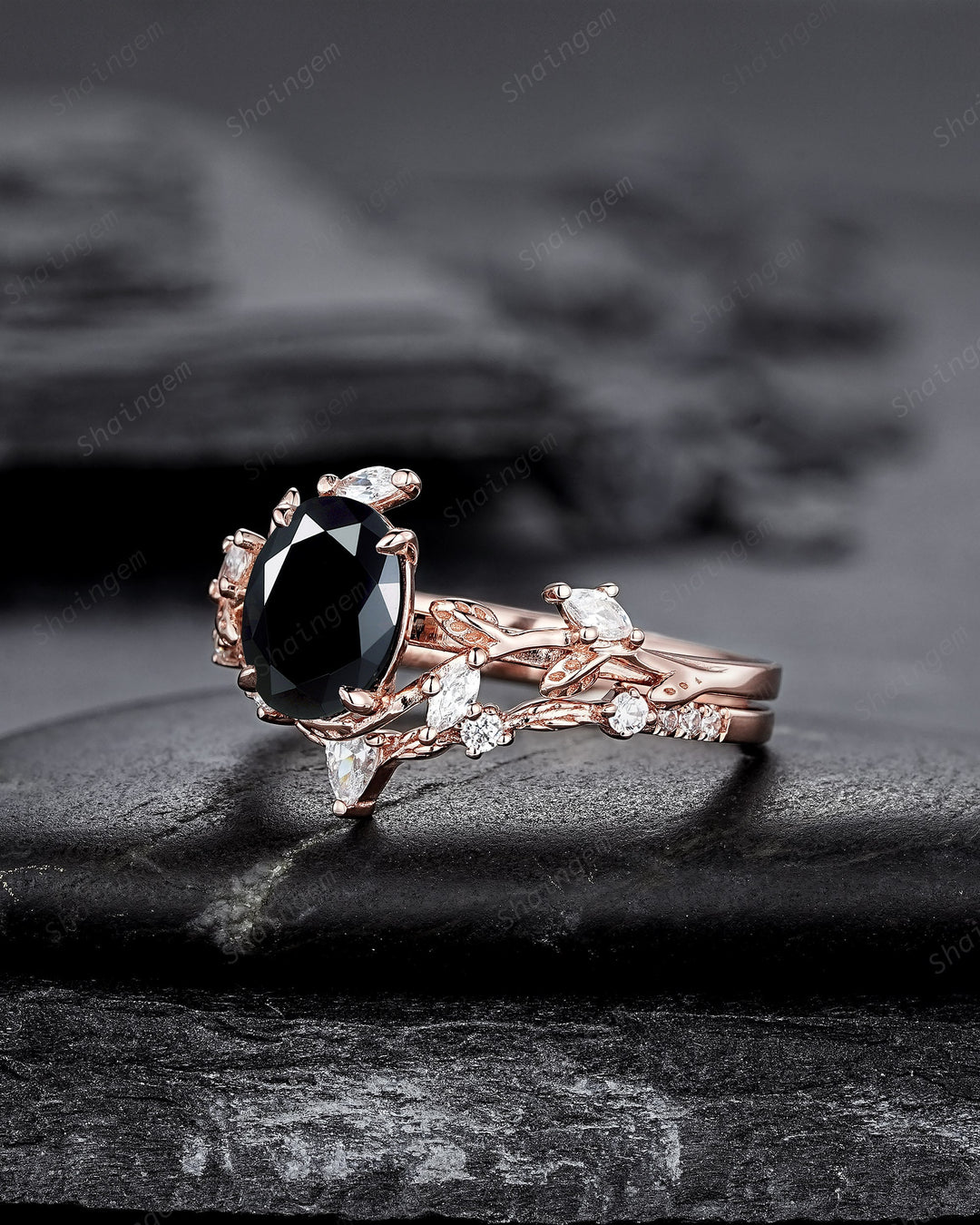 Oval Shape Black Moissanite and Diamond Engagement Ring Set, Rose Gold Twig Branch Wedding Ring, Nature Inspired Promise Ring Gift for Women - ShainJewelry
