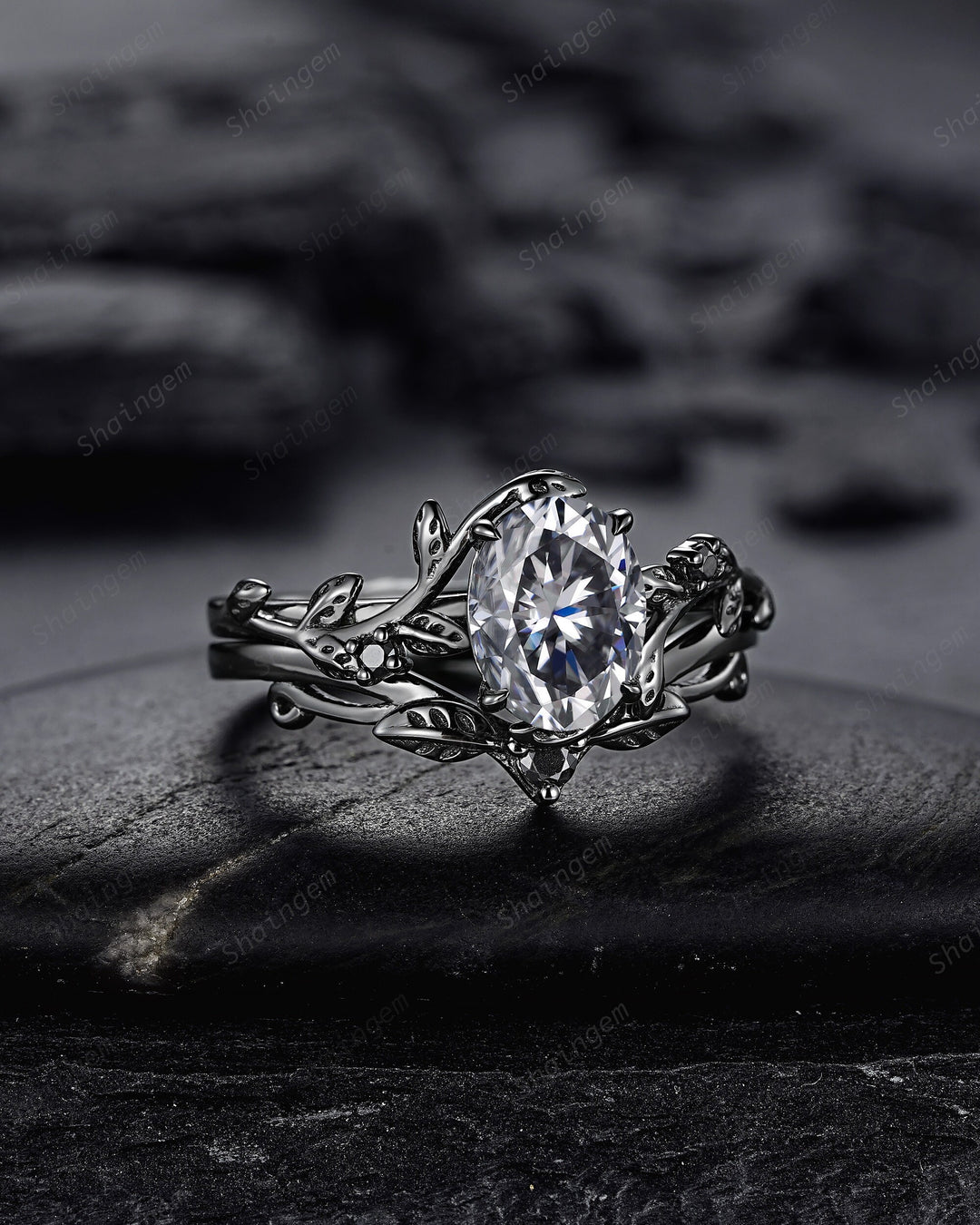 Gothic Black Oval Gray Moissanite Leaf Engagement Ring Set, Black Gold Twig Promise Ring , Rhodium Black Dark Vine Wedding Ring Bridal Set - ShainJewelry