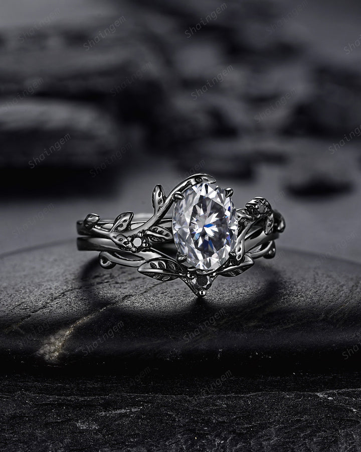 Gothic Black Oval Gray Moissanite Leaf Engagement Ring Set, Black Gold Twig Promise Ring , Rhodium Black Dark Vine Wedding Ring Bridal Set - ShainJewelry