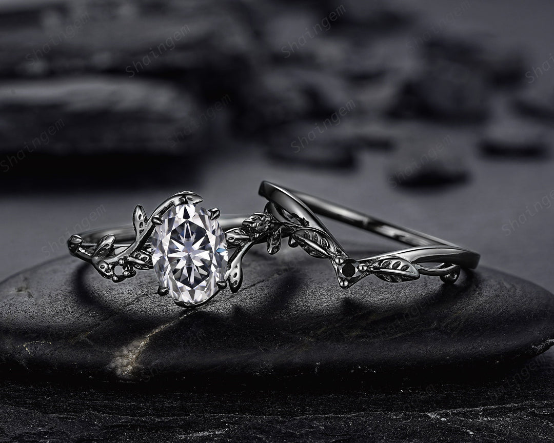 Gothic Black Oval Gray Moissanite Leaf Engagement Ring Set, Black Gold Twig Promise Ring , Rhodium Black Dark Vine Wedding Ring Bridal Set - ShainJewelry
