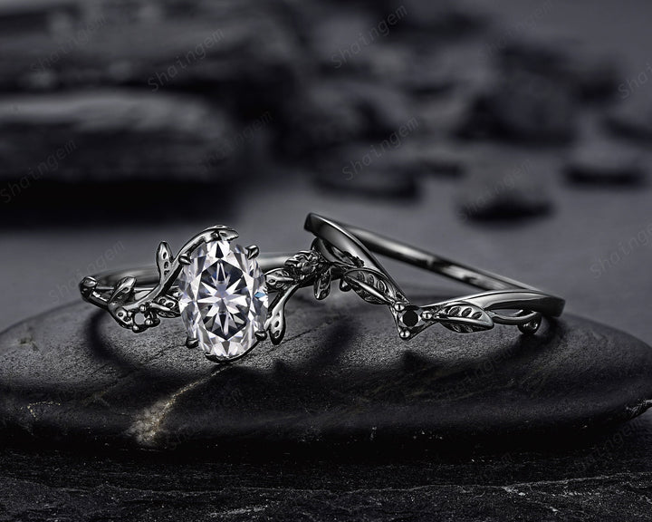 Gothic Black Oval Gray Moissanite Leaf Engagement Ring Set, Black Gold Twig Promise Ring , Rhodium Black Dark Vine Wedding Ring Bridal Set - ShainJewelry