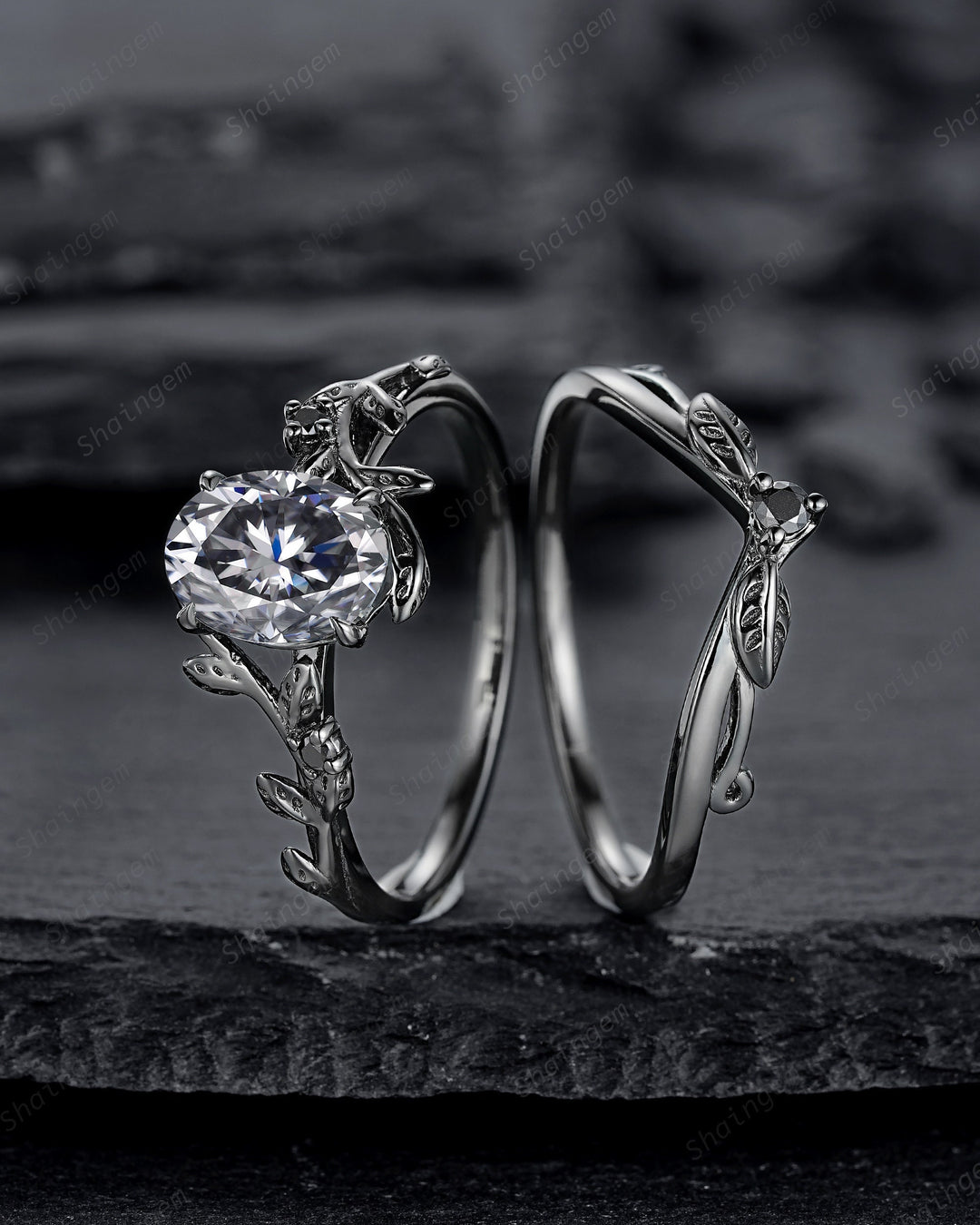 Gothic Black Oval Gray Moissanite Leaf Engagement Ring Set, Black Gold Twig Promise Ring , Rhodium Black Dark Vine Wedding Ring Bridal Set - ShainJewelry