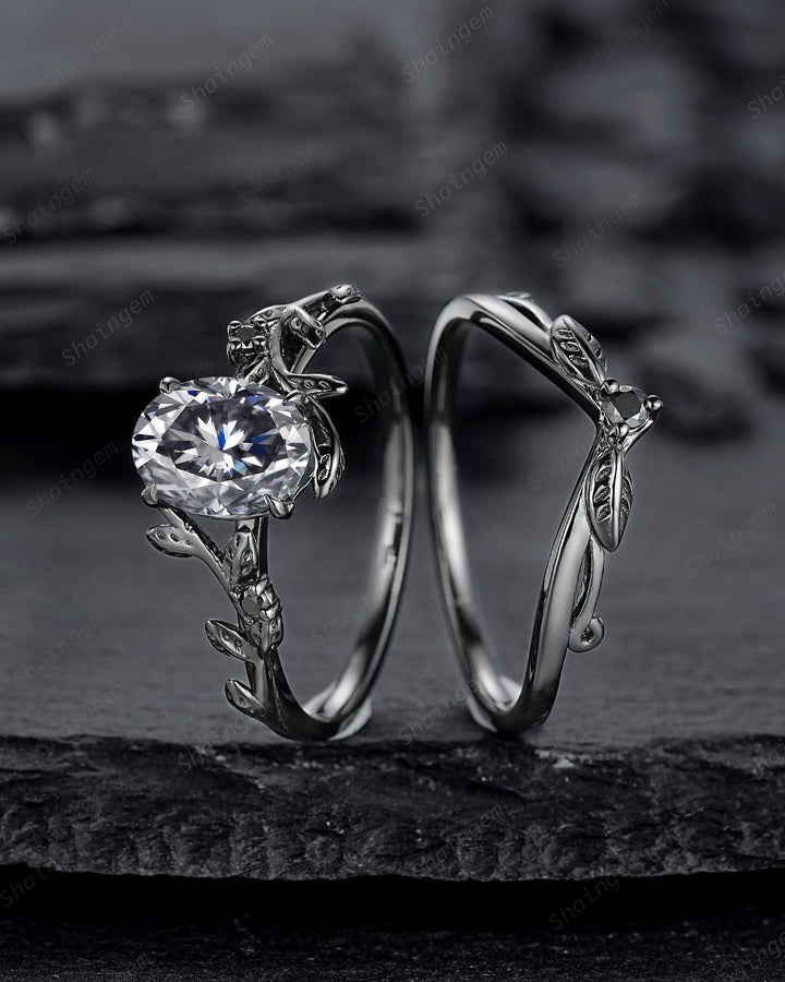 Gothic Black Oval Gray Moissanite Leaf Engagement Ring Set, Black Gold Twig Promise Ring , Rhodium Black Dark Vine Wedding Ring Bridal Set - ShainJewelry