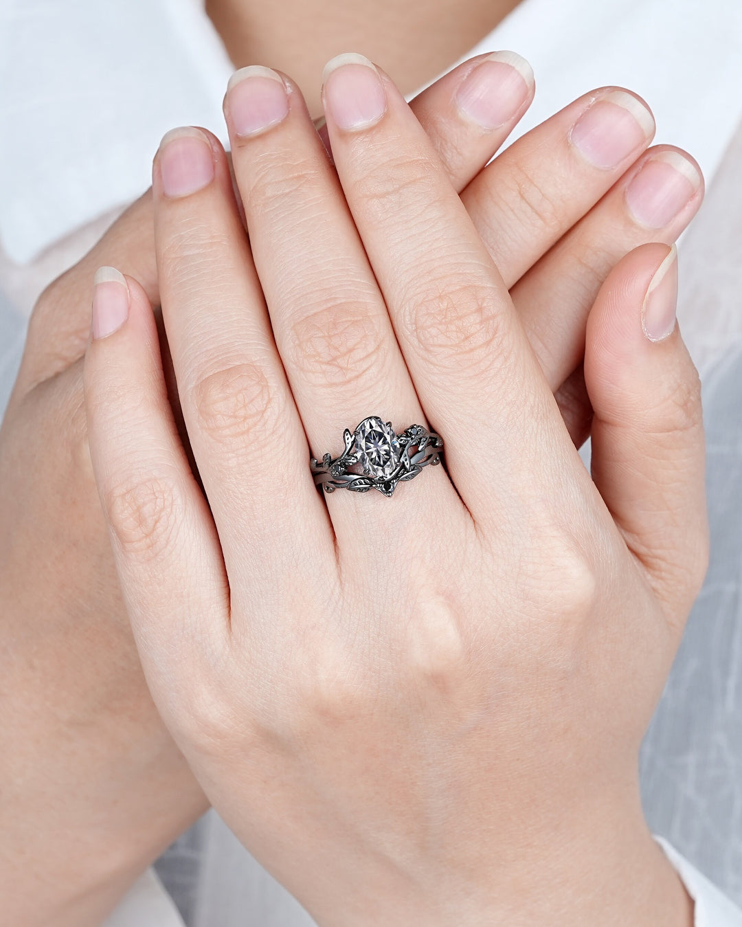 Gothic Black Oval Gray Moissanite Leaf Engagement Ring Set, Black Gold Twig Promise Ring , Rhodium Black Dark Vine Wedding Ring Bridal Set - ShainJewelry