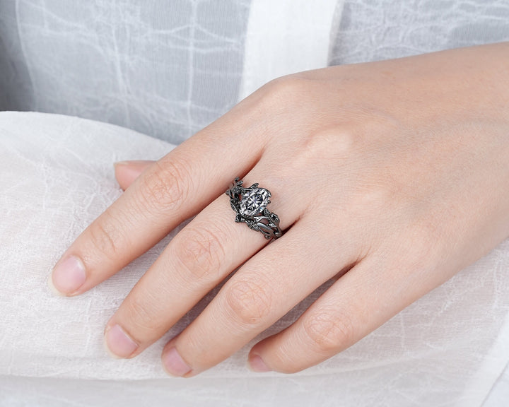 Gothic Black Oval Gray Moissanite Leaf Engagement Ring Set, Black Gold Twig Promise Ring , Rhodium Black Dark Vine Wedding Ring Bridal Set - ShainJewelry