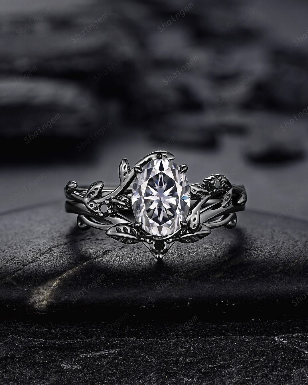 Gothic Black Oval Gray Moissanite Leaf Engagement Ring Set, Black Gold Twig Promise Ring , Rhodium Black Dark Vine Wedding Ring Bridal Set - ShainJewelry
