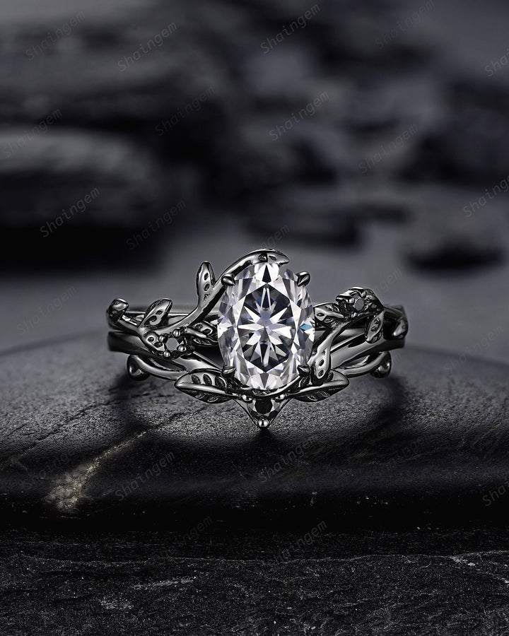 Gothic Black Oval Gray Moissanite Leaf Engagement Ring Set, Black Gold Twig Promise Ring , Rhodium Black Dark Vine Wedding Ring Bridal Set - ShainJewelry