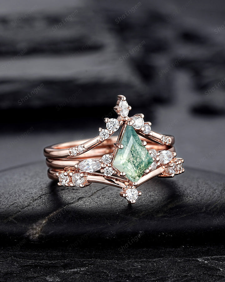 3PCS Vintage Kite Cut Moss Agate Engagement Ring Set, Unique V Shape 14K Rose Gold Promise Ring, Agate Bridal Set Wedding Ring Gift for her - ShainJewelry