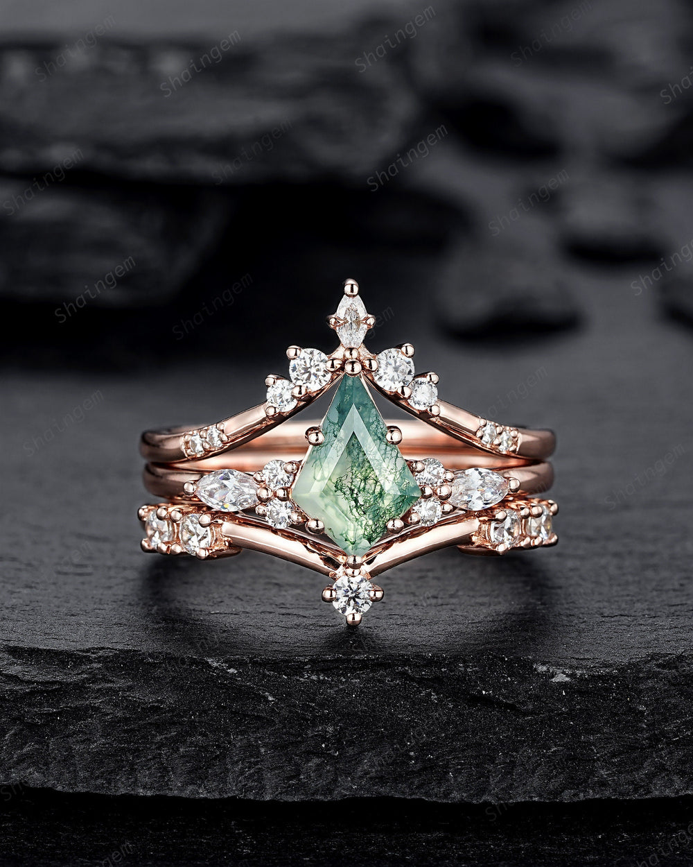 3PCS Vintage Kite Cut Moss Agate Engagement Ring Set, Unique V Shape 14K Rose Gold Promise Ring, Agate Bridal Set Wedding Ring Gift for her - ShainJewelry