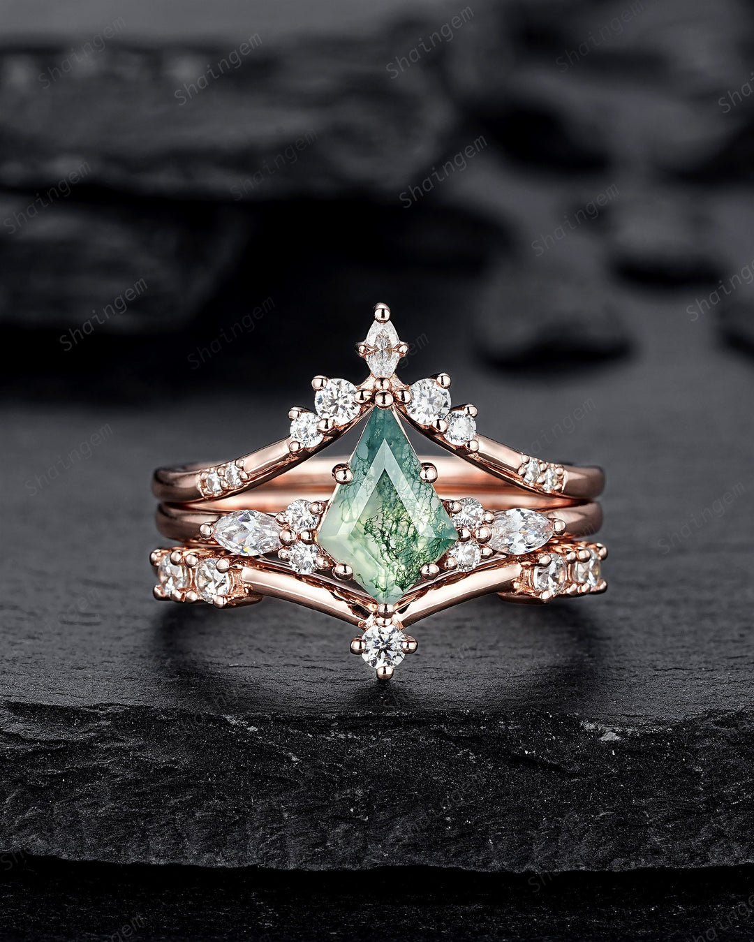 3PCS Vintage Kite Cut Moss Agate Engagement Ring Set, Unique V Shape 14K Rose Gold Promise Ring, Agate Bridal Set Wedding Ring Gift for her - ShainJewelry