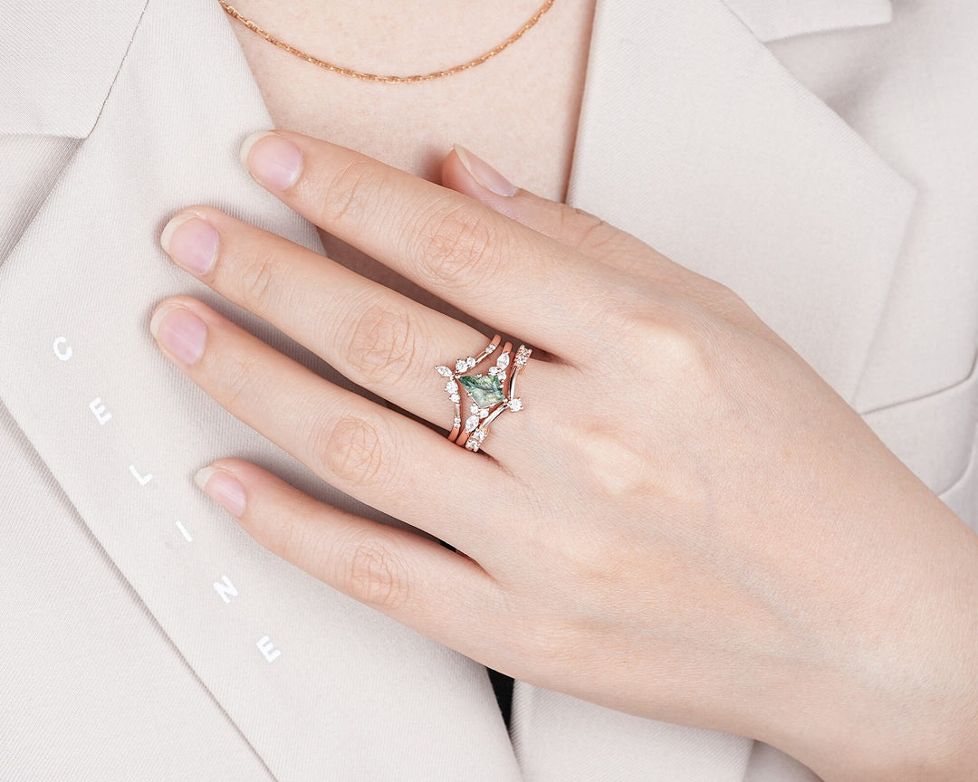 3PCS Vintage Kite Cut Moss Agate Engagement Ring Set, Unique V Shape 14K Rose Gold Promise Ring, Agate Bridal Set Wedding Ring Gift for her - ShainJewelry