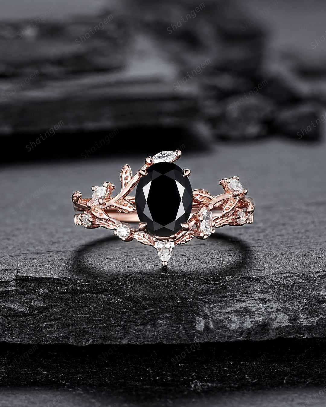 Oval Shape Black Moissanite and Diamond Engagement Ring Set, Rose Gold Twig Branch Wedding Ring, Nature Inspired Promise Ring Gift for Women - ShainJewelry