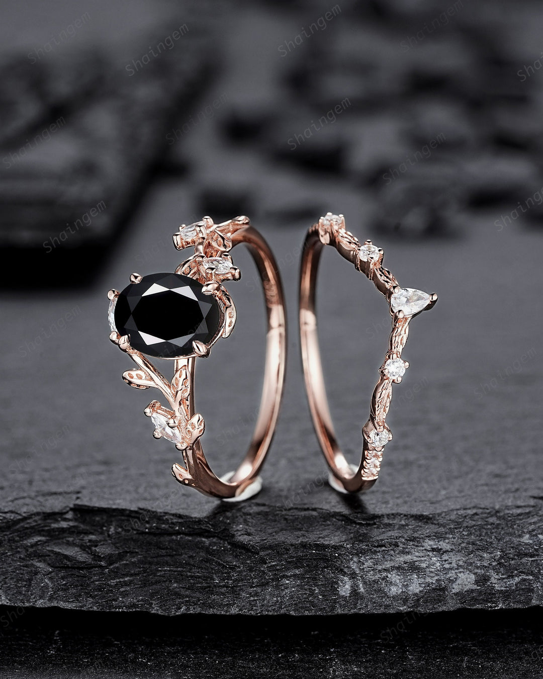 Oval Shape Black Moissanite and Diamond Engagement Ring Set, Rose Gold Twig Branch Wedding Ring, Nature Inspired Promise Ring Gift for Women - ShainJewelry
