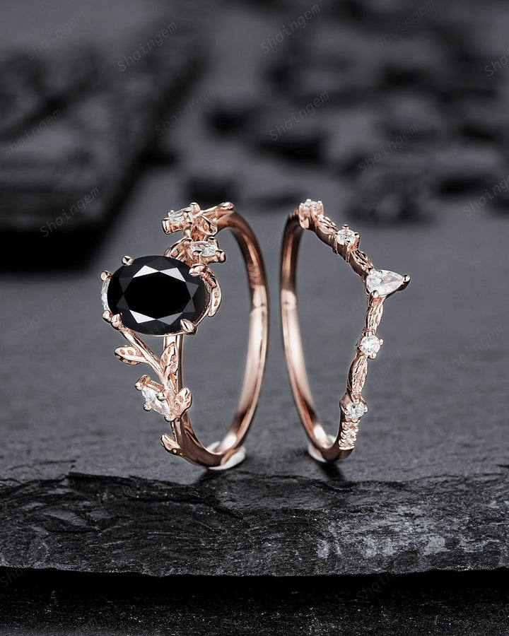 Oval Shape Black Moissanite and Diamond Engagement Ring Set, Rose Gold Twig Branch Wedding Ring, Nature Inspired Promise Ring Gift for Women - ShainJewelry