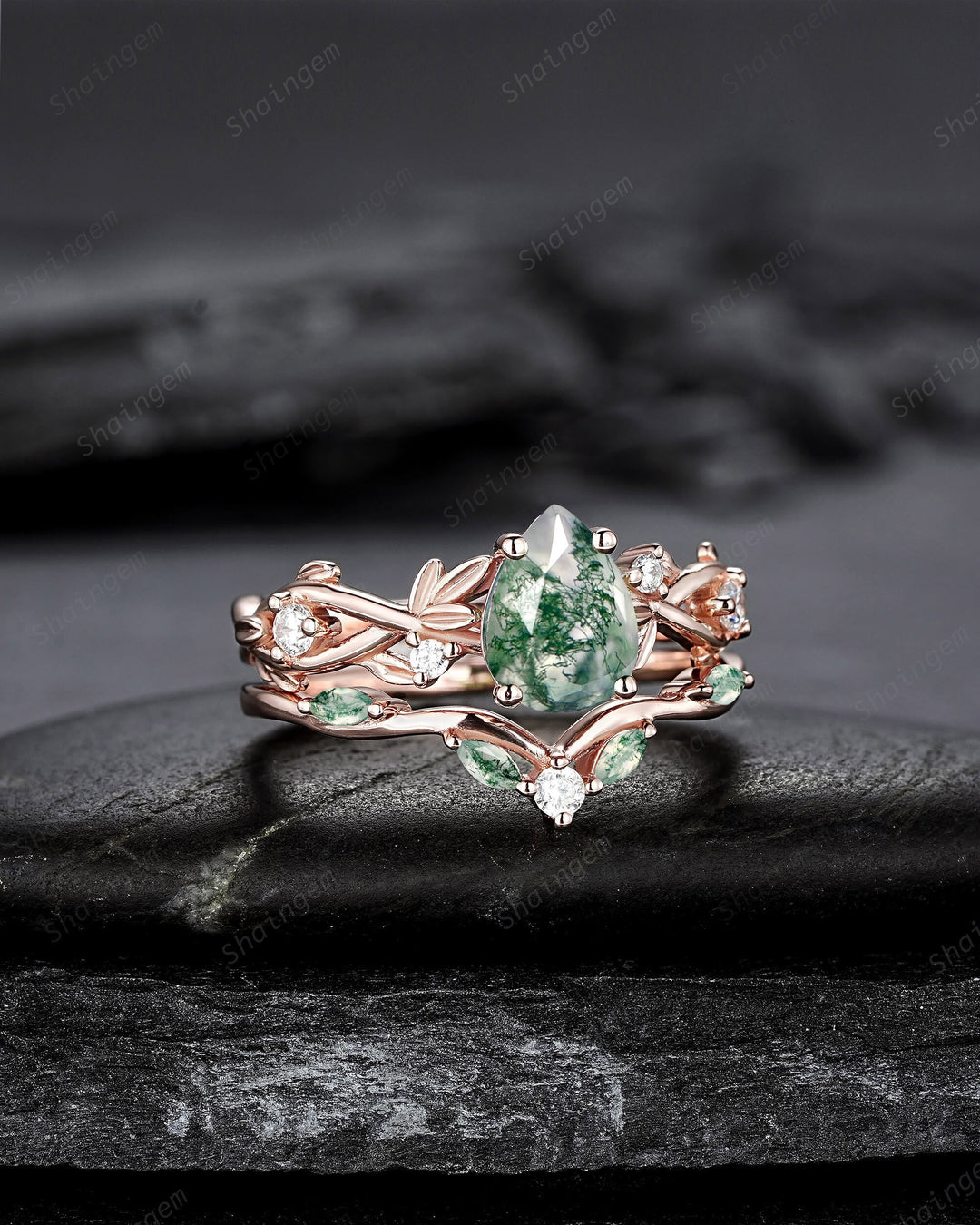 Nature Inspired Pear Cut Moss Agate Engagement Ring, 14K Rose Gold Leaf Vine Promise Wedding Ring, Unique Personalized Jewelry for Women - ShainJewelry