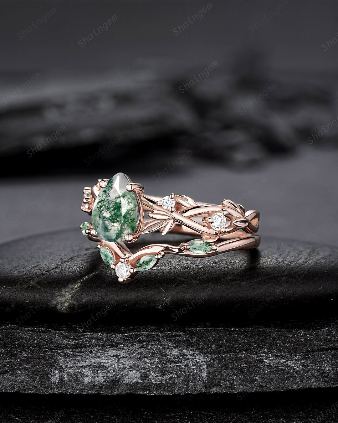 Nature Inspired Pear Cut Moss Agate Engagement Ring, 14K Rose Gold Leaf Vine Promise Wedding Ring, Unique Personalized Jewelry for Women - ShainJewelry