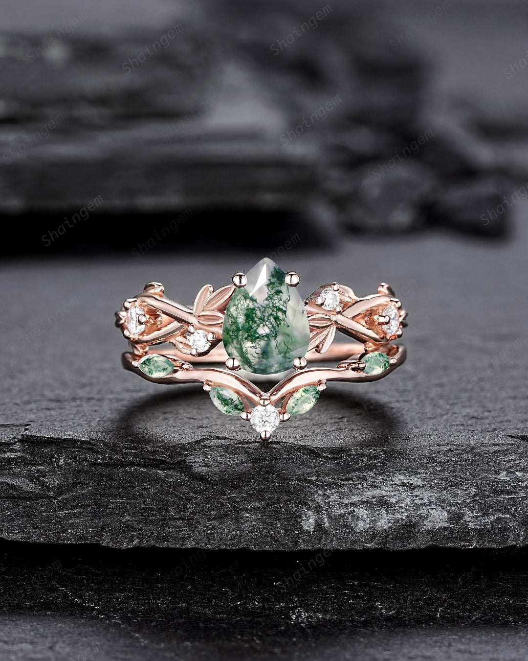 Nature Inspired Pear Cut Moss Agate Engagement Ring, 14K Rose Gold Leaf Vine Promise Wedding Ring, Unique Personalized Jewelry for Women - ShainJewelry