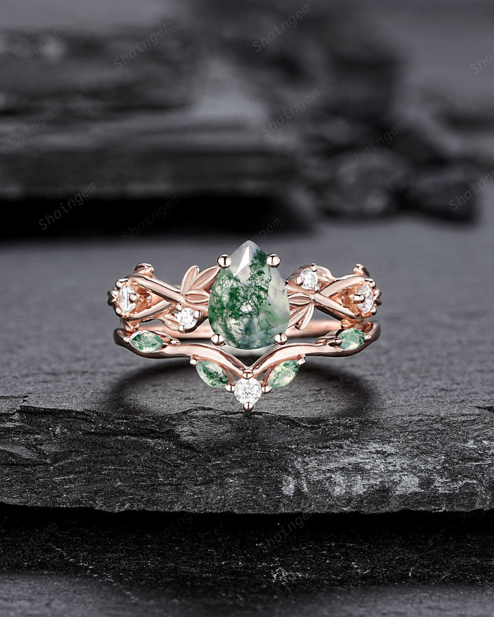 Nature Inspired Pear Cut Moss Agate Engagement Ring, 14K Rose Gold Leaf Vine Promise Wedding Ring, Unique Personalized Jewelry for Women - ShainJewelry