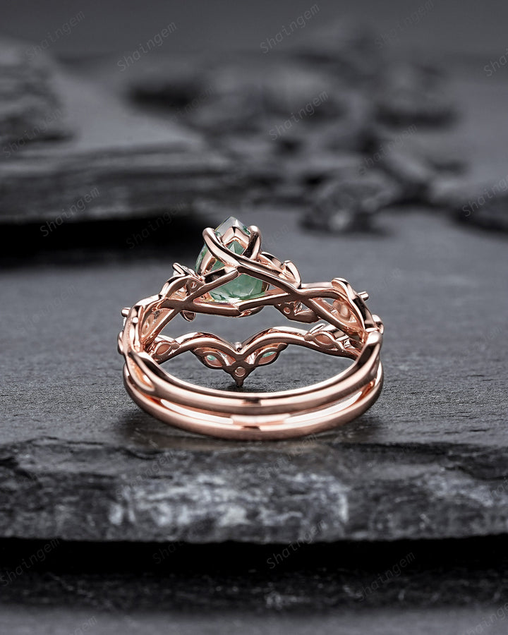 Nature Inspired Pear Cut Moss Agate Engagement Ring, 14K Rose Gold Leaf Vine Promise Wedding Ring, Unique Personalized Jewelry for Women - ShainJewelry